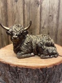 Bronze Lying Highland Cow and Calf
